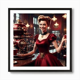 Coffee Retro Woman In A Red Dress Art Print