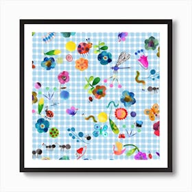 Little Bugs Gingham Blue Square Art Print