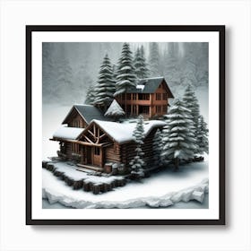 Small wooden hut inside a dense forest of pine trees with falling snow 12 Art Print