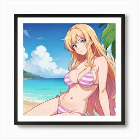 Anime Girl In Pink Bikini Sitting On Beach Art Print