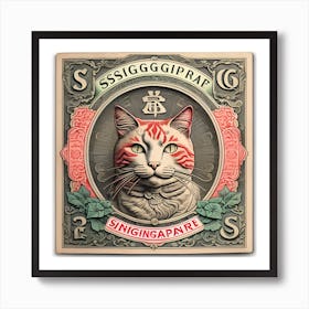 Cat On Stamp Portrait Vintage Art Print