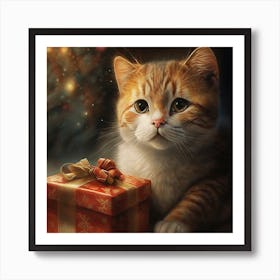 cute cat with a Christmas gift Art Print