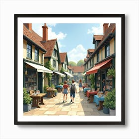 Wandering Through A Quaint English Market Town, Watercolor With Charming Shops 1 Art Print