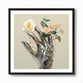 Robot Hand with Flowers blooming off of it Art Print