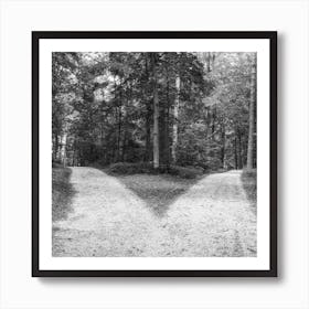 Forked roads in old green forest Art Print