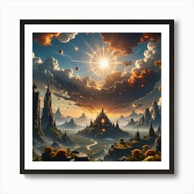 Bright Sun Over Mysterious Mountain Castle Art Print