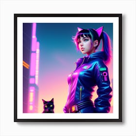 Cyberpunk Girl With Cat Art Print