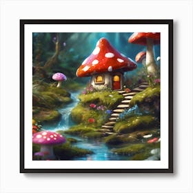 Toadstool Cottage by the Stream Art Print