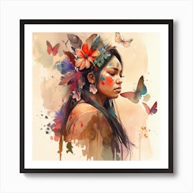 Watercolor Floral Indian Native Woman #8 Art Print