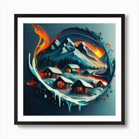 Abstract painting of a mountain village with snow falling 25 Art Print