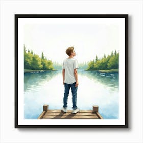 Watercolor Of Justin Bieber Standing On A Dock, Looking Out Over A Lake Art Print