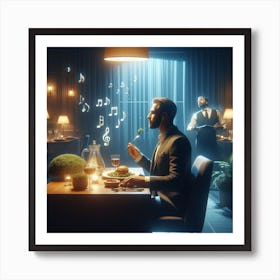 Man having dinner at restaurant With Music. Art Print