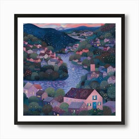 Riverside At Night, Tiny Dots, Pointillism Art Print