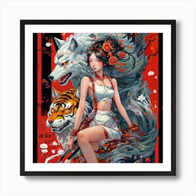 flowers Chinese Girl With Tiger and wolf Art Print