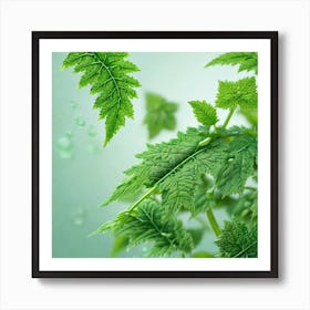 Green Leaves With Water Droplets Art Print