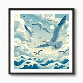 Seagulls Flying Over The Ocean Art Print