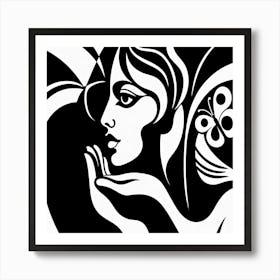 Black and White Bold Female Portrait Abstract with Butterfly Art Print