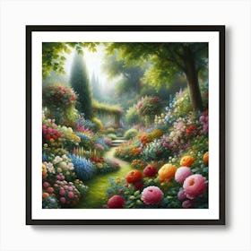 Realistic Oil Painting Of A Lush Garden Bursting With Colorful Flowers And Greenery, Style Realistic Oil Painting 3 Art Print