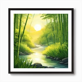 A Stream In A Bamboo Forest At Sun Rise Square Composition 8 Art Print