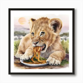 Lion Cub Eating Spaghetti Art Print