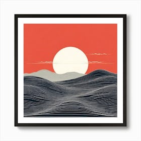 Sunset Over The Ocean, Thin Wavy Lines In Shades Of Grey On A White Background Evoking Art Print