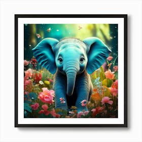 Firefly Adorable Turquoise Baby Elephant In A Magical Flowered Forest 60104 (2) Art Print