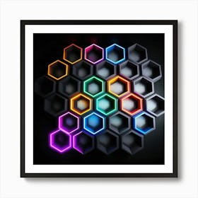 Hexagonal shapes with neon lights, futuristic, cyberpunk, background 3 Art Print