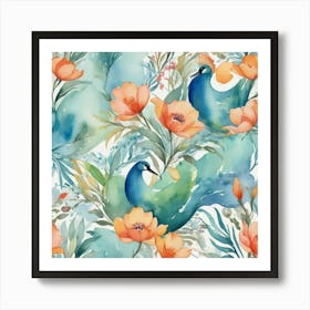 Watercolor Peacocks Art Print