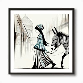 Woman And A Donkey Art Print