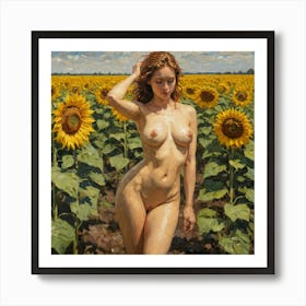 Woman In A Sunflower Field vincent van gogh style Art Print