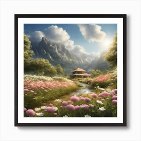 Serene Horizons: Where Flowers Meet the River Art Print