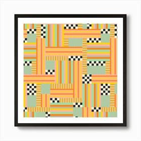 CHECKS AND STRIPES Retro Abstract Geometric Checkerboard Patchwork in Mid-Century Modern Summer Orange Yellow Blue with Black and White Art Print