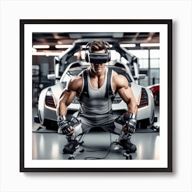 Alpha Male Model Working Out With Heavy Weight Machine, Wearing Futuristic Sonic Armor Exoskeletons And Vr Headset With Headphones Award Winning Photography With Sports Car Racing In Background Designed And C (2) Art Print