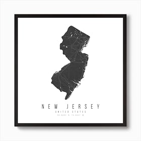 New Jersey Mono Black And White Modern Minimal Street Map Square Art Print