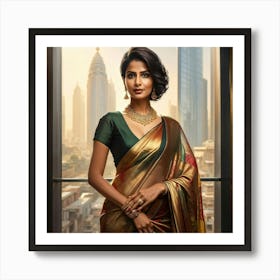 Indian Businesswoman Radiates Confidence Wearing Modern Saree Styled Short Hair Standing In Urban Art Print