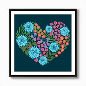 FLOWERED HEART Floral Botanical Valentines Love Flowers in Bright Pink Blue Purple Green Orange on Dark Navy Blue Art Print