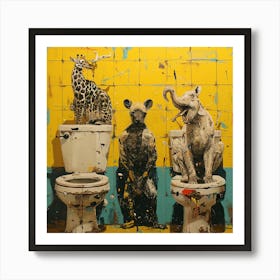 Three Giraffes On Toilets Art Print