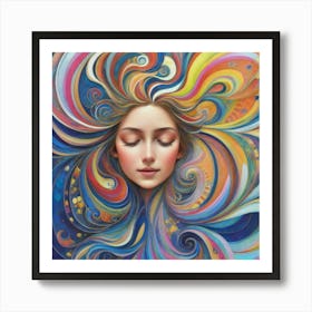 Dreamy Bliss: Vibrant Portrait of a Smiling Woman in a Kaleidoscope of Colors. Art Print