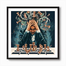 An art print showcasing a striking and abstract portrait of a chess player immersed in a strategic game, with chess pieces swirling around them. This cerebral and visually captivating art print is perfect for chess enthusiasts and those who appreciate the intellectual allure of the game, adding a touch of sophistication to home decor Art Print