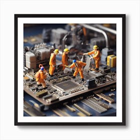 Miniature Workers On A Computer Board 1 Art Print