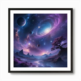 A breathtaking night sky filled with shimmering stars, glowing planets, and swirling nebulae. The scene is both mystical and serene, with deep blues and purples creating a sense of infinite wonder 3 Art Print