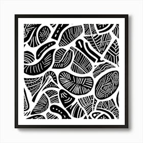 Retro Inspired Linocut Abstract Shapes Black And White 0 1 Art Print