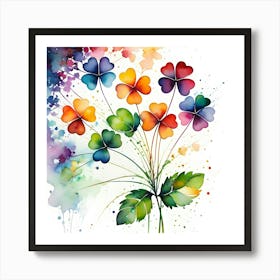 Clover Plant Silhouette Of A Clover Plant Created From Abstract Multi Colored Shapes White Ba(2) Art Print