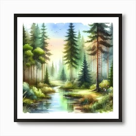 Watercolor Forest Landscape 1 Art Print