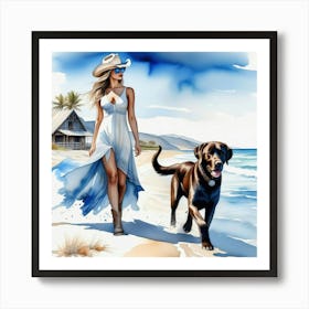 Coastal Cowgirl on Beach with Dog Art Print