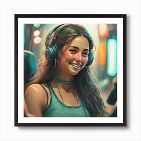 Girl With Headphones Art Print