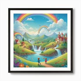 A playful and colorful children’s illustration of a fantasy world with cute characters, rolling hills, fluffy clouds, and a rainbow-filled sky. The scene is joyful and imaginative, full of fun details 1 Art Print