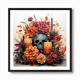 Day Of The Dead Skull And Flowers Art Print