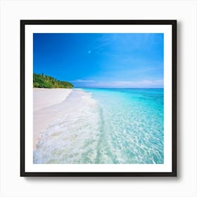 Crystal Clear Turquoise Waters Gently Lap Upon A Sun Drenched Undisturbed Sandy Beach With A Prist (1) Art Print