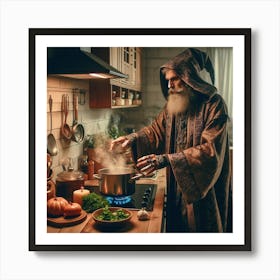 Wizard cooking a meal in a cozy modern kitchen Art Print